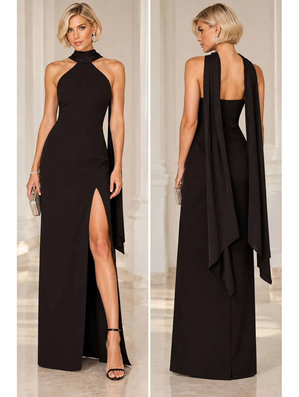 Aidan Mattox Bonded Crepe Gown Black LBD sz 12 NWT Halter Scarf Cape Formal Prom